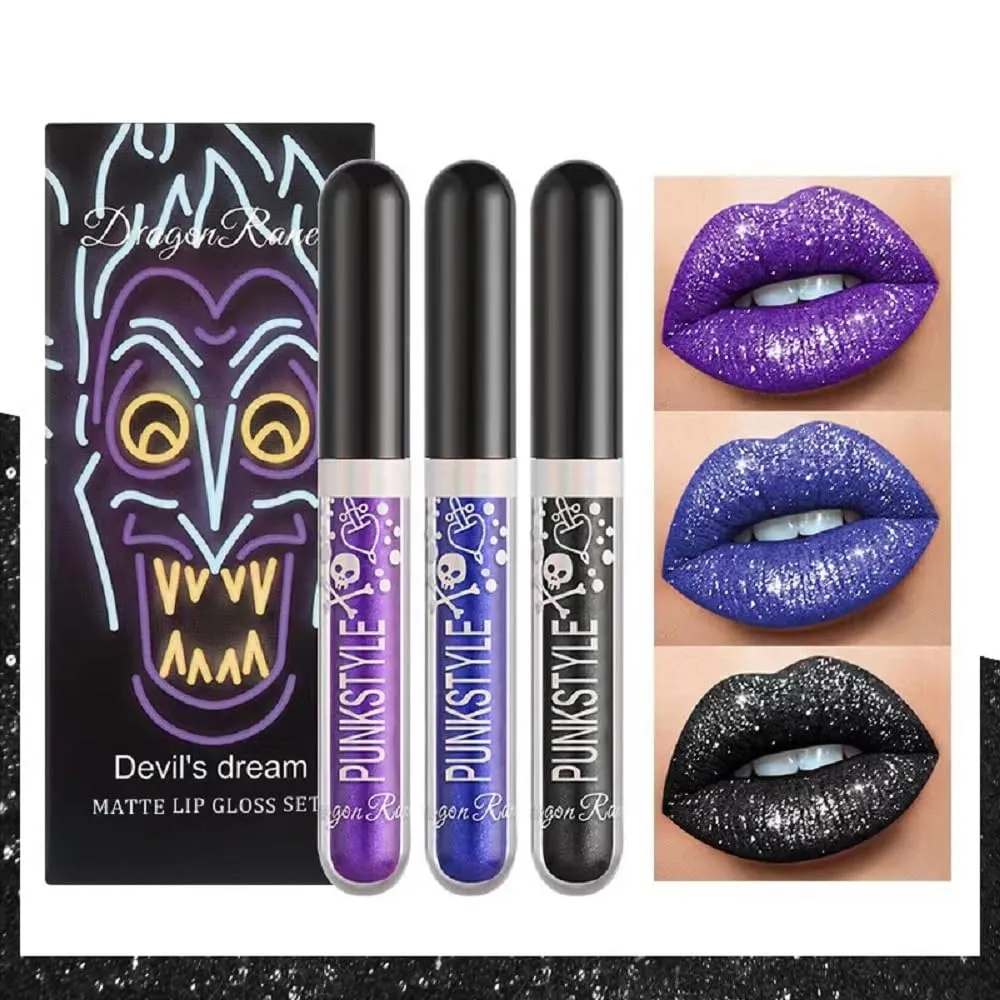 Halloween Diamond Three Box Lip Gloss Non-stick Cup Lipstick Bright Crystal Purple Black Lip Gloss Set (D)