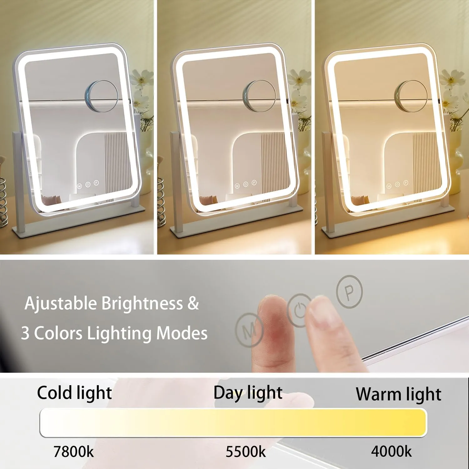 HIEEY Vanity Mirror with Lights, Makeup Mirror with Lights, Three Color Lighting Modes, and 5X Magnification Mirror, Smart Touch Control, 360°Rotation (16.73" x 13.38" White,Gift Box)