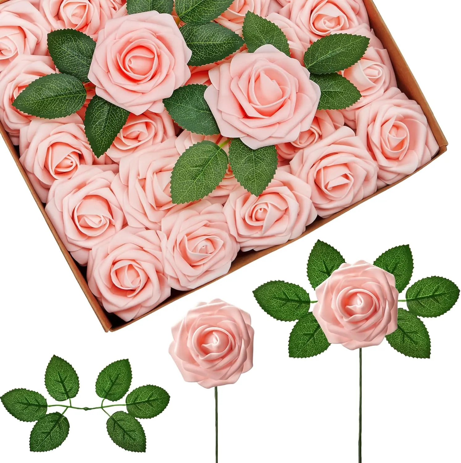 InnoGear Artificial Flowers, 50 Pcs Blush Foam Fake Roses Bulk with Stems for Decoration DIY Wedding Bouquets Centerpieces Bridal Shower Party Christmas Tree