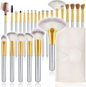 IOCCIOBB 24Pcs Sliver Makeup Brushes Set with Cosmetic Bag Powder Foundation Contour Blush Eyeshadow Blending Liner Makeup Tools