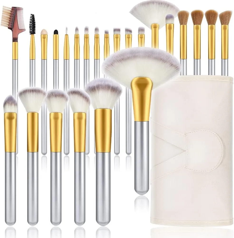 IOCCIOBB 24Pcs Sliver Makeup Brushes Set with Cosmetic Bag Powder Foundation Contour Blush Eyeshadow Blending Liner Makeup Tools