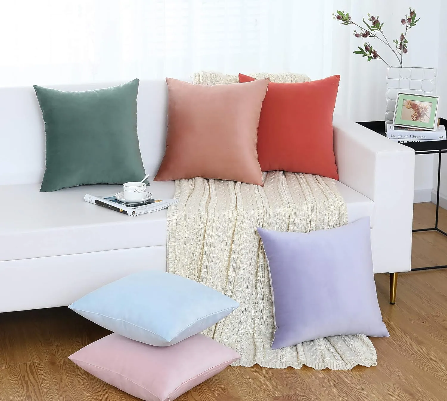 Jeneoo Set of 2 Comfy Soft Thick Velvet Throw Pillow Covers Decorative Solid Square Couch Cushion Cases for Bedroom Sofa Car Decor (20 x 20 Inches, Blush Rose)