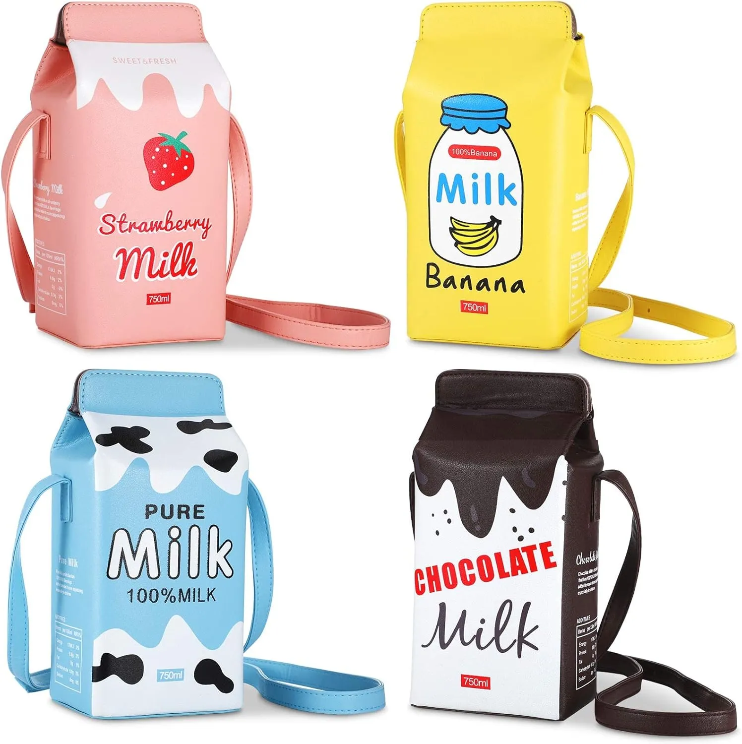 Kigeli 4 Set Girls Strawberry Milk Purse Pig Milk Box Small Purses Crossbody Purse Bag Pu Phone Shoulder Wallet Bag for Women Girl (Fruit)
