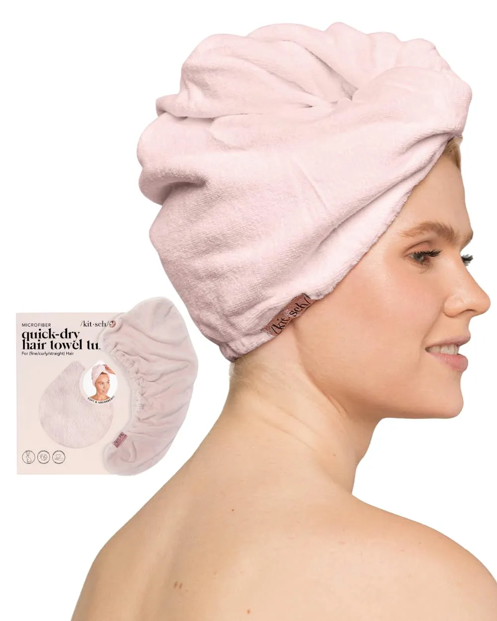 Kitsch Microfiber Hair Towel Wrap for Women - Super Absorbent Hair Drying Towel - Quick Dry, Anti-Frizz - for Long & Short, Wet & Curly Hair - Blush