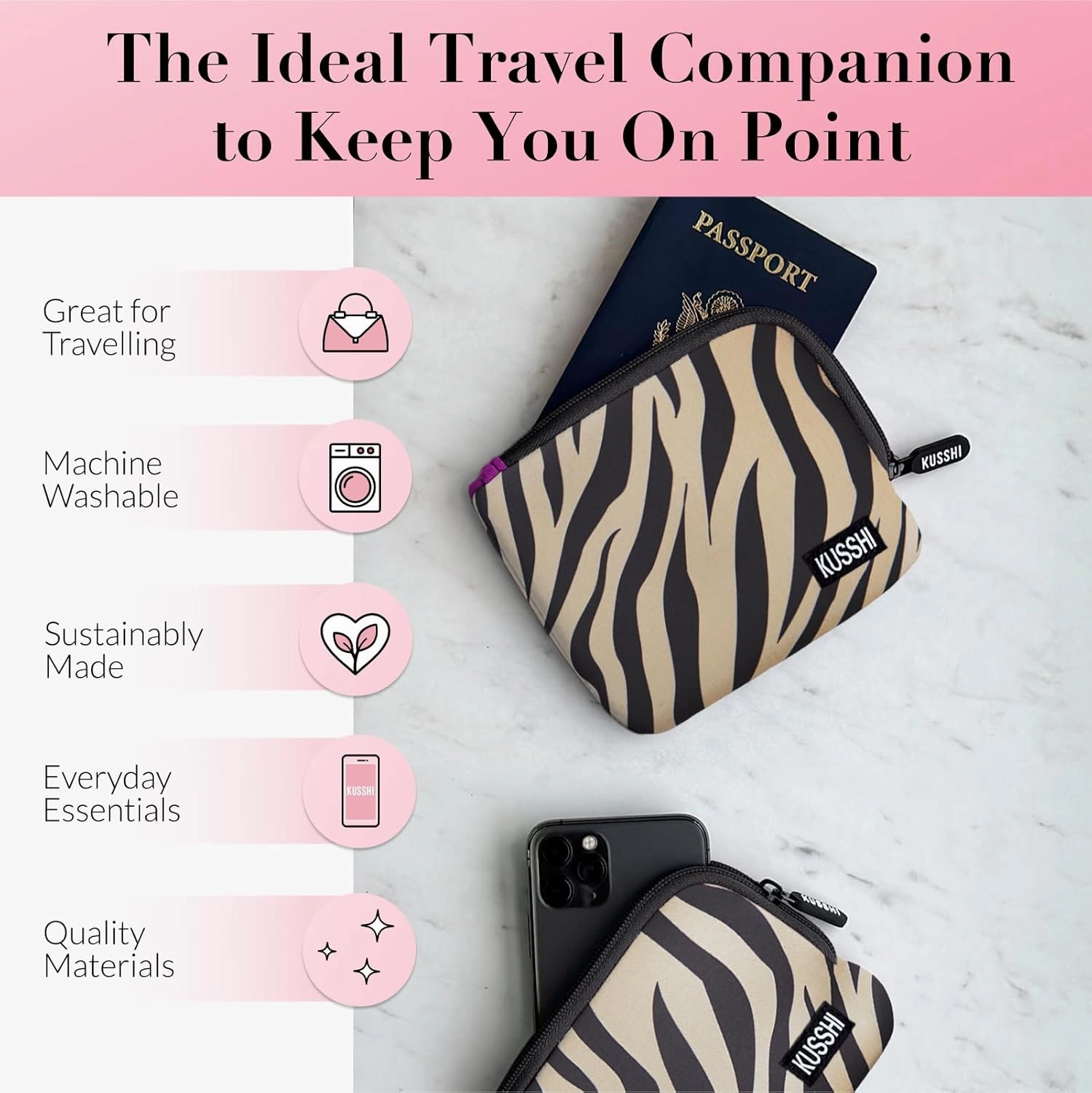 KUSSHI 2pc Neoprene On-The-Go Pouch Set - Passport Holder and Travel Zipper Makeup Pouch for Purse - Small Purse Pouch for Organization, Electronics, Glasses & Valuables (Zebra)