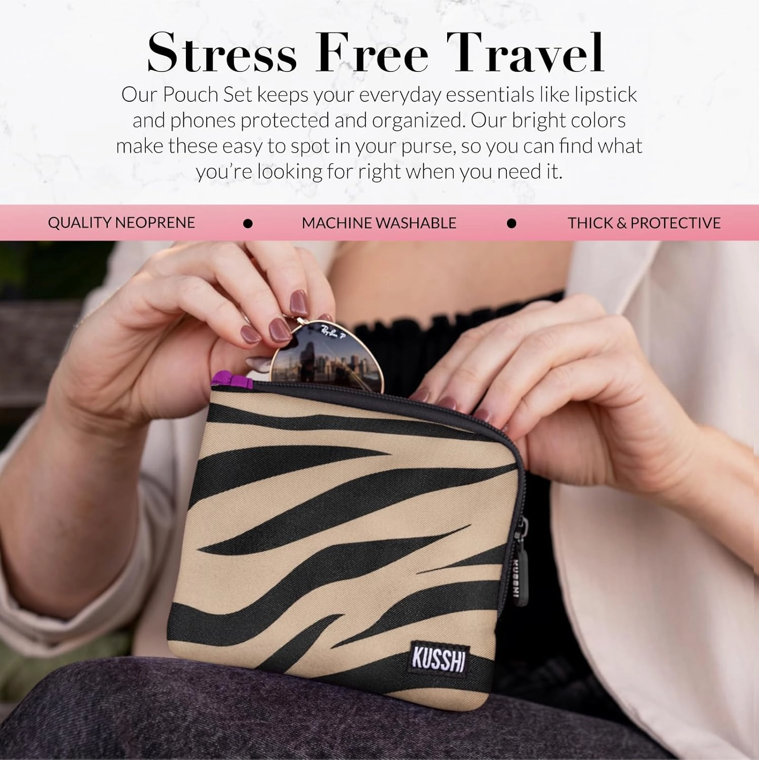 KUSSHI 2pc Neoprene On-The-Go Pouch Set - Passport Holder and Travel Zipper Makeup Pouch for Purse - Small Purse Pouch for Organization, Electronics, Glasses & Valuables (Zebra)