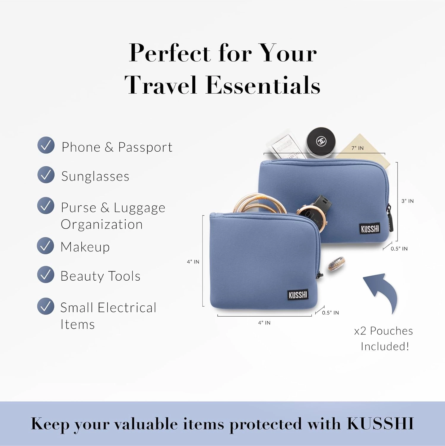 KUSSHI 2pc Neoprene On-The-Go Pouch Set - Passport Holder and Travel Zipper Makeup Pouch for Purse Organization, Electronics, Glasses & Valuables (Pearl Blue)