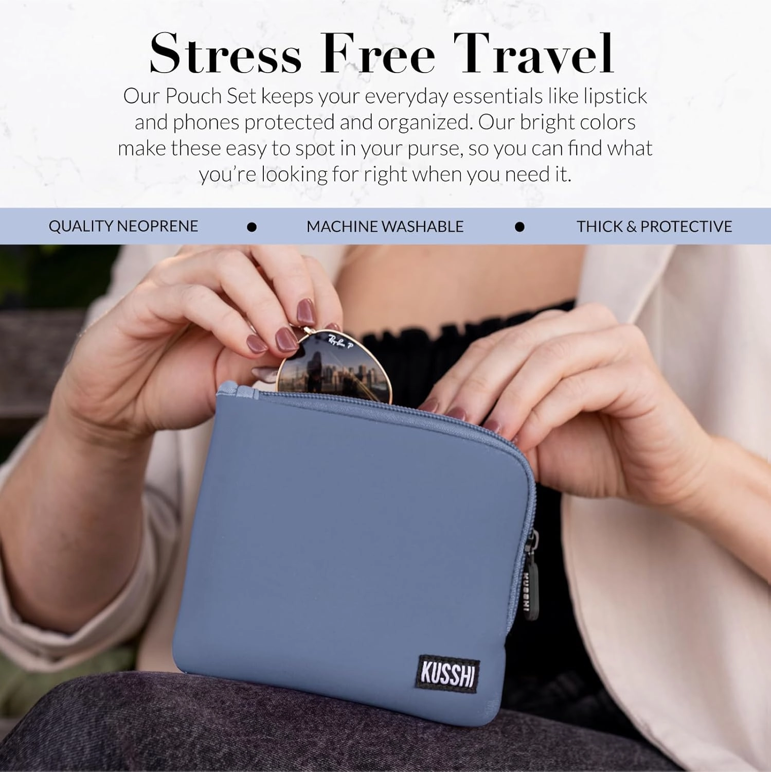 KUSSHI 2pc Neoprene On-The-Go Pouch Set - Passport Holder and Travel Zipper Makeup Pouch for Purse Organization, Electronics, Glasses & Valuables (Pearl Blue)