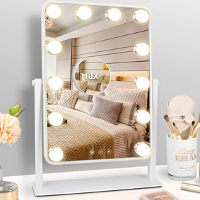 Large Hollywood Vanity Mirror with Lights 12 LED,Tabletop Makeup Mirror with Smart Touch Control 3 Colors Dimable LED Bulbs Detachable 10X Magnification 360°Rotation White