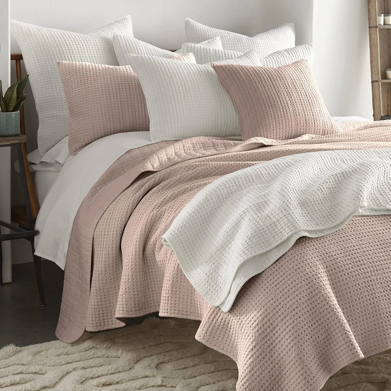 Levtex Home - Mills Waffle - King/Cal King Quilt Set - Blush Cotton Waffle - Quilt Size (106 x 92in.), Sham Size (36 x 20in.)