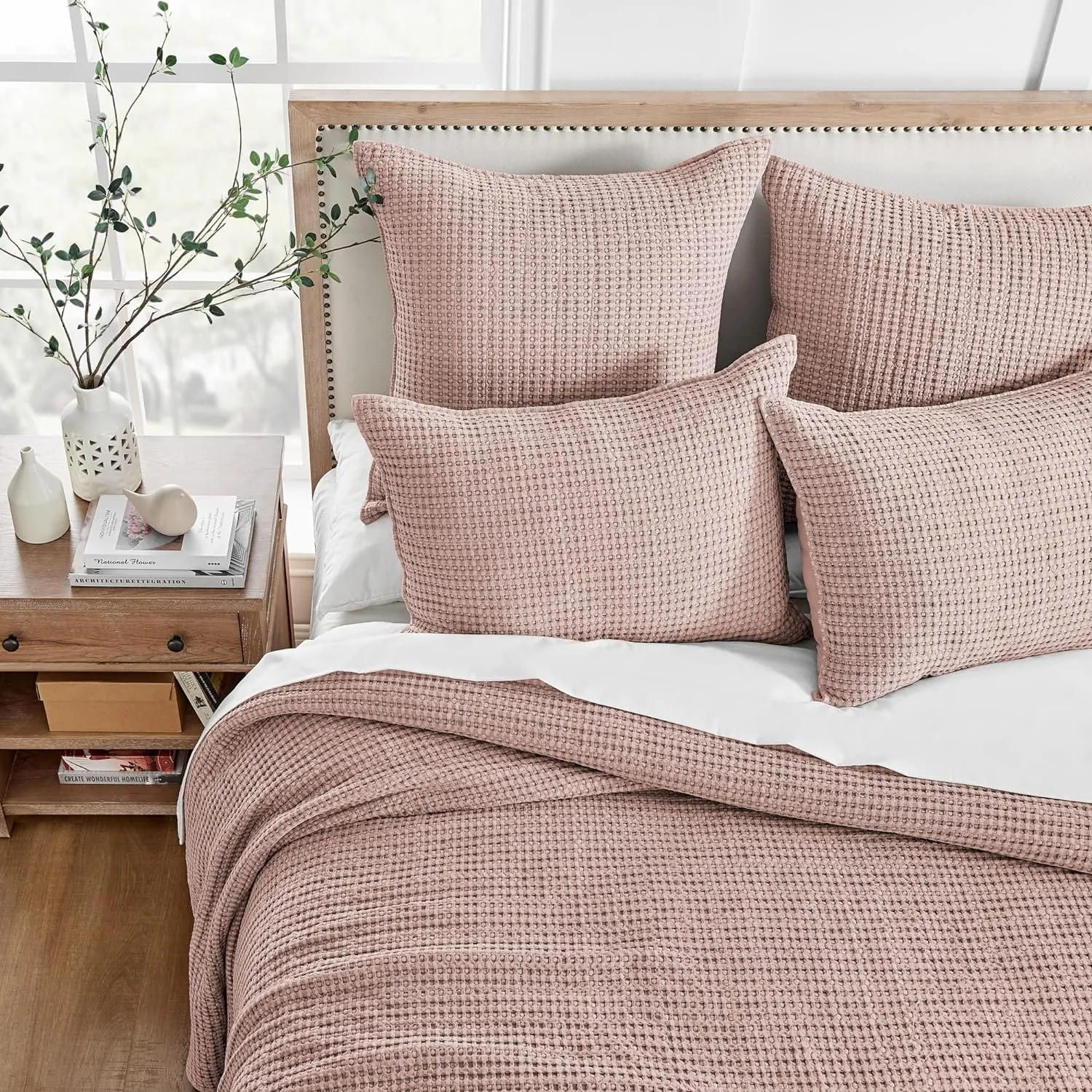 Levtex Home - Mills Waffle - Queen Quilted Bedspread Set - Blush Cotton Waffle - Bedspread Size (106 x 106in.), Sham Size (26 x 20in.)