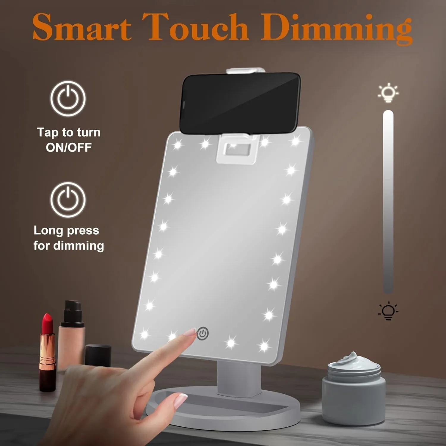 Lighted Makeup Vanity Mirror with Phone Holder and 10X Magnifying Mirror, 21 LED Lighted Mirror with Touch Sensor Dimming, 180°Adjustable Rotation, Dual Power Supply, Portable Cosmetic Mirror