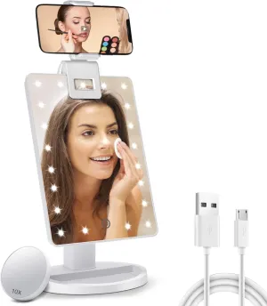 Lighted Makeup Vanity Mirror with Phone Holder and 10X Magnifying Mirror, 21 LED Lighted Mirror with Touch Sensor Dimming, 180°Adjustable Rotation, Dual Power Supply, Portable Cosmetic Mirror