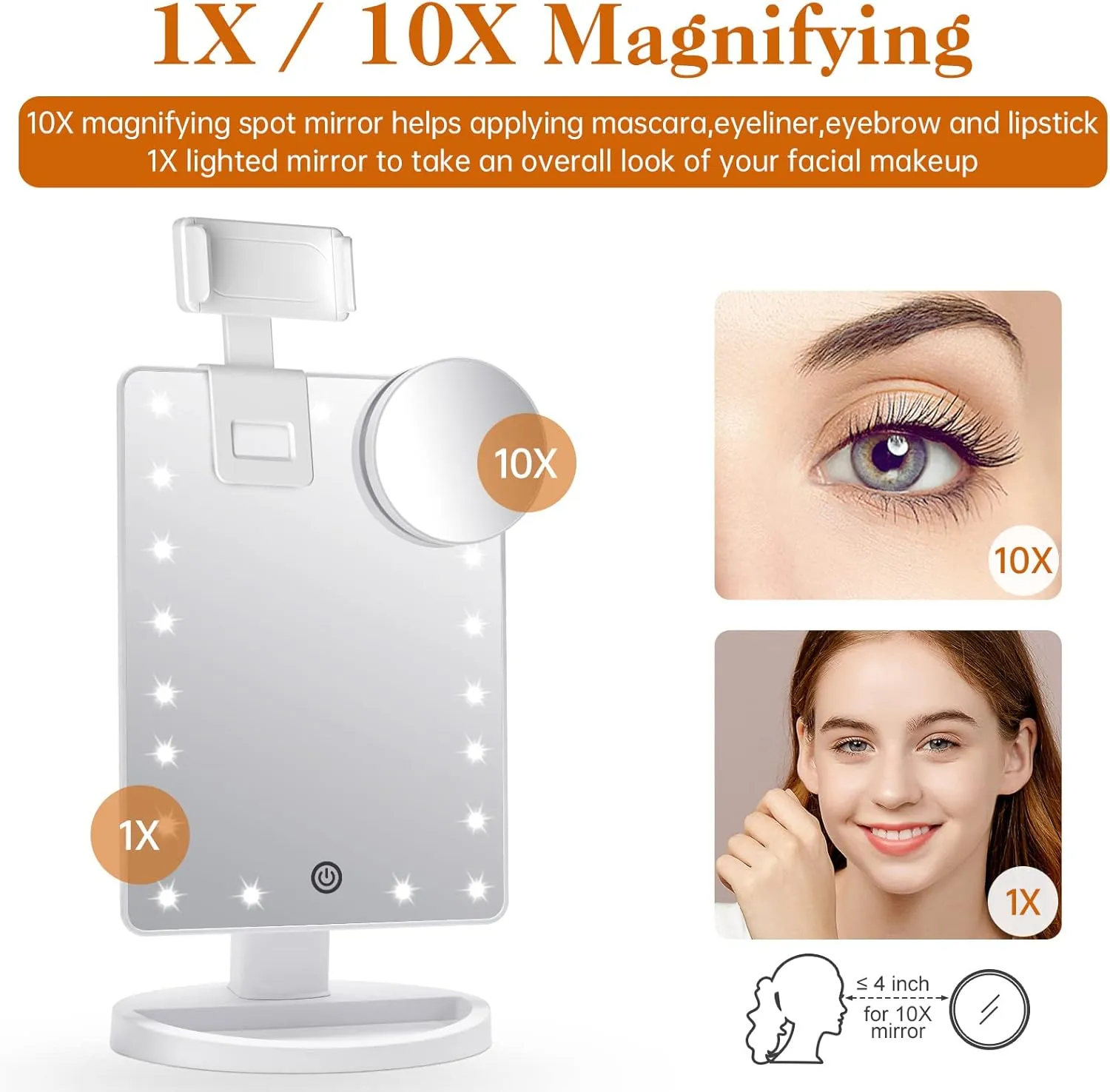 Lighted Makeup Vanity Mirror with Phone Holder and 10X Magnifying Mirror, 21 LED Lighted Mirror with Touch Sensor Dimming, 180°Adjustable Rotation, Dual Power Supply, Portable Cosmetic Mirror