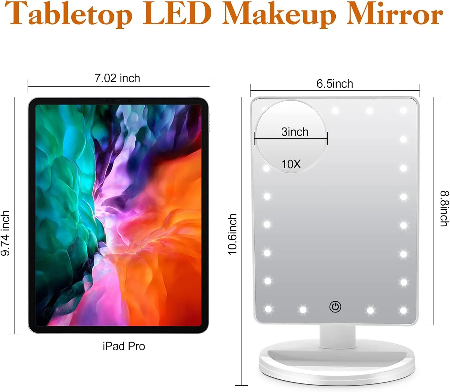 Lighted Makeup Vanity Mirror with Phone Holder and 10X Magnifying Mirror, 21 LED Lighted Mirror with Touch Sensor Dimming, 180°Adjustable Rotation, Dual Power Supply, Portable Cosmetic Mirror