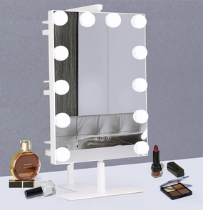 Lighted Vanity Mirror with Lights, Makeup Mirror with Storage Shelves, Vanity Mirror with Lights 12 Dimmable LED Bulbs, 3 Color Lighting Modes, Smart Touch Control, Detachable 10x Magnification