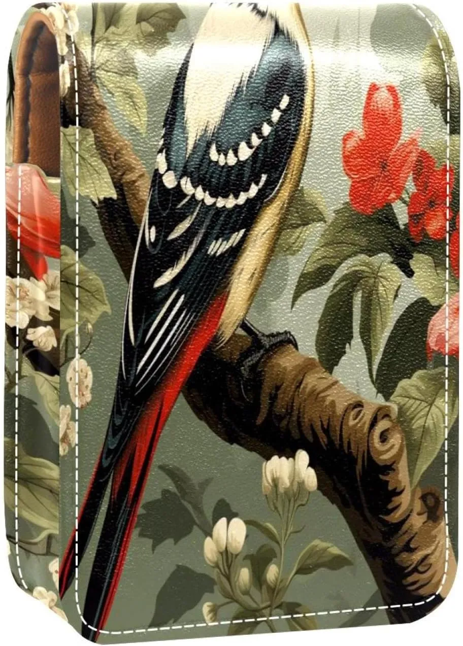 Lipstick Case Woodpecker Bird on Red Berries Branch Prints Mini Lipstick Holder Organizer Bag With Mirror for Purse Travel Cosmetic Pouch