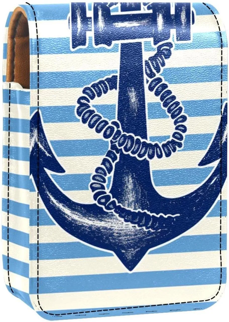 Lipstick Case,Leather Lip Gloss Lipstick Organizer with Mirror,Mini Lipstick Holder Bag,Anchor Striped Bright Blue Marine