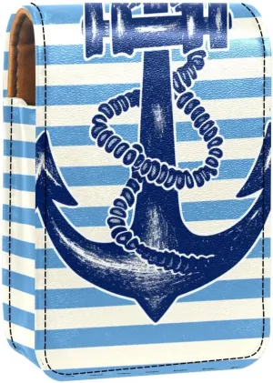 Lipstick Case,Leather Lip Gloss Lipstick Organizer with Mirror,Mini Lipstick Holder Bag,Anchor Striped Bright Blue Marine
