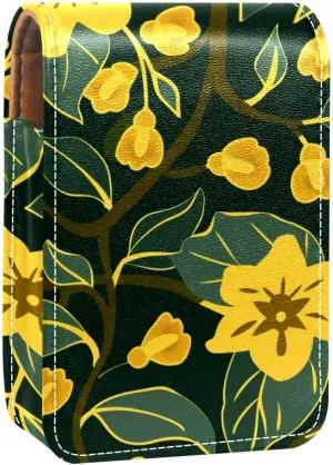 Lipstick Case,Leather Lip Gloss Lipstick Organizer with Mirror,Mini Lipstick Holder Bag,Bright Floral Yellow Flower