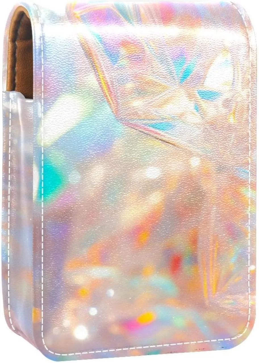 Lipstick Case,Leather Lip Gloss Lipstick Organizer with Mirror,Mini Lipstick Holder Bag,Bright Glow and Colorful Fantasy