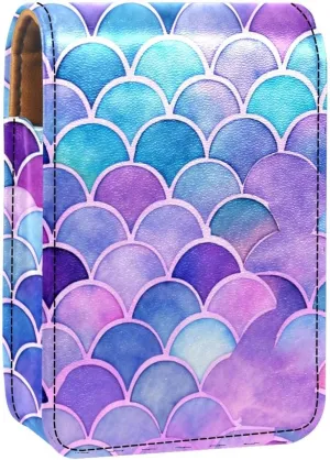 Lipstick Case,Leather Lip Gloss Lipstick Organizer with Mirror,Mini Lipstick Holder Bag,Bright Scales Shapes Abstract
