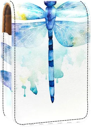 Lipstick Case,Leather Lip Gloss Lipstick Organizer with Mirror,Mini Lipstick Holder Bag,Bright Watercolor Dragonfly