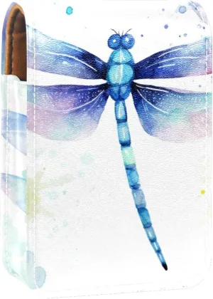 Lipstick Case,Leather Lip Gloss Lipstick Organizer with Mirror,Mini Lipstick Holder Bag,Bright Watercolor Dragonfly