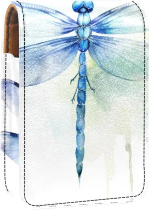 Lipstick Case,Leather Lip Gloss Lipstick Organizer with Mirror,Mini Lipstick Holder Bag,Bright Watercolor Dragonfly
