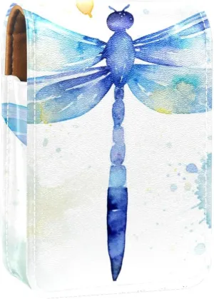 Lipstick Case,Leather Lip Gloss Lipstick Organizer with Mirror,Mini Lipstick Holder Bag,Bright Watercolor Dragonfly