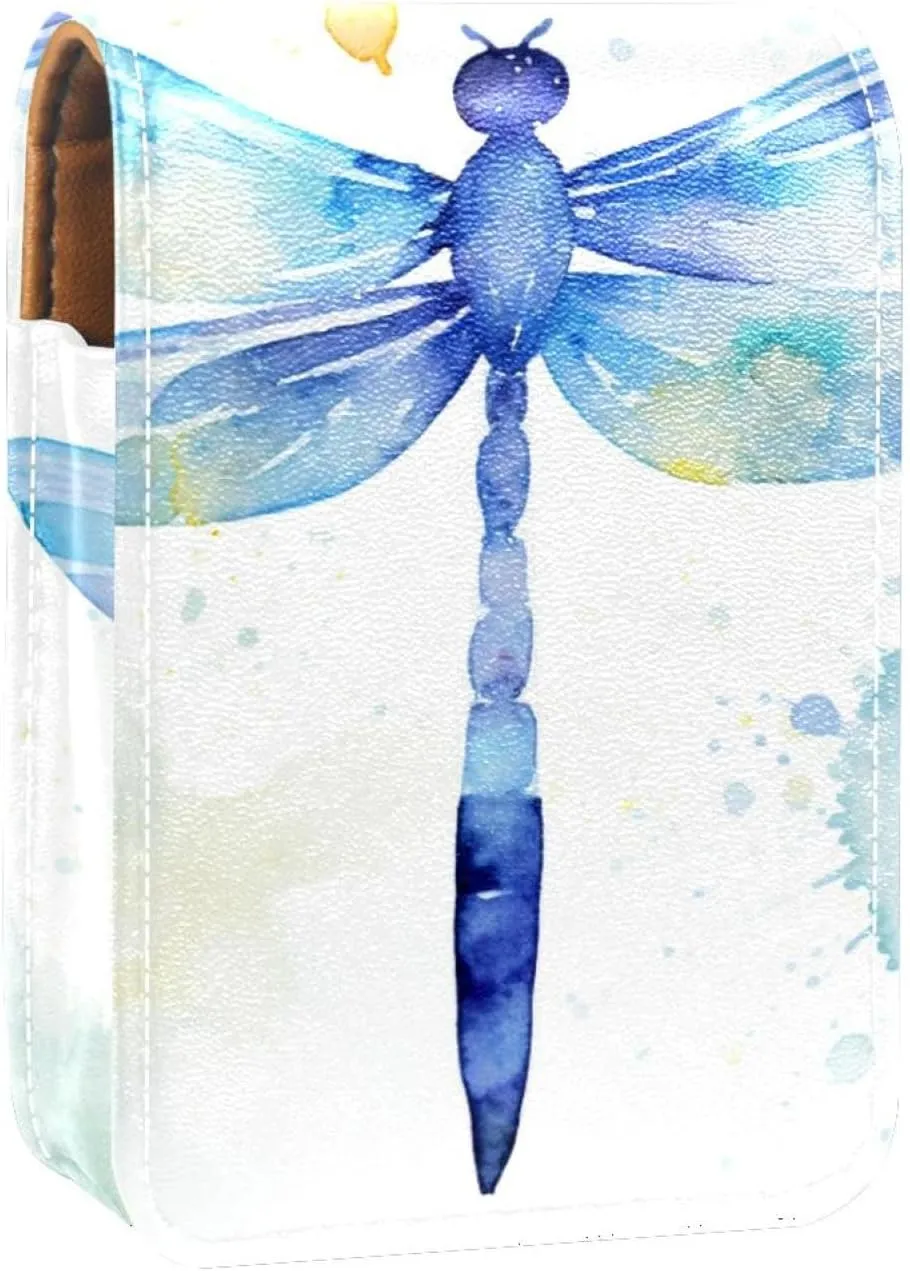 Lipstick Case,Leather Lip Gloss Lipstick Organizer with Mirror,Mini Lipstick Holder Bag,Bright Watercolor Dragonfly