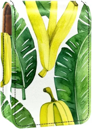 Lipstick Case,Leather Lip Gloss Lipstick Organizer with Mirror,Mini Lipstick Holder Bag,Bright Yellow Bananas and Green Leaves