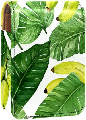Lipstick Case,Leather Lip Gloss Lipstick Organizer with Mirror,Mini Lipstick Holder Bag,Bright Yellow Bananas and Green Leaves