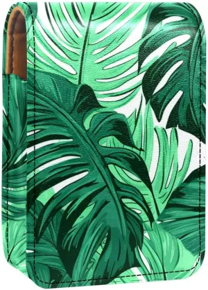 Lipstick Case,Leather Lip Gloss Lipstick Organizer with Mirror,Mini Lipstick Holder Bag,Tropical Palm Leaves Green Bright