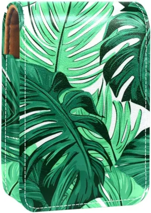 Lipstick Case,Leather Lip Gloss Lipstick Organizer with Mirror,Mini Lipstick Holder Bag,Tropical Palm Leaves Green Bright