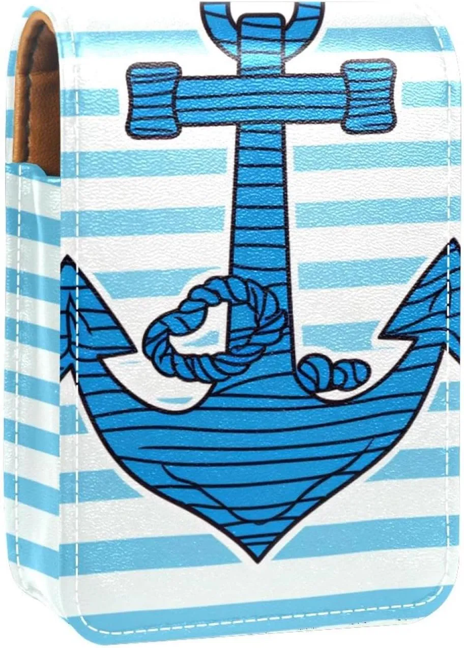 Lipstick Case,Portable Makeup Bag Cosmetic Pouch,Lipstick Holder Makeup Organizer,Anchor Striped Bright Blue Marine
