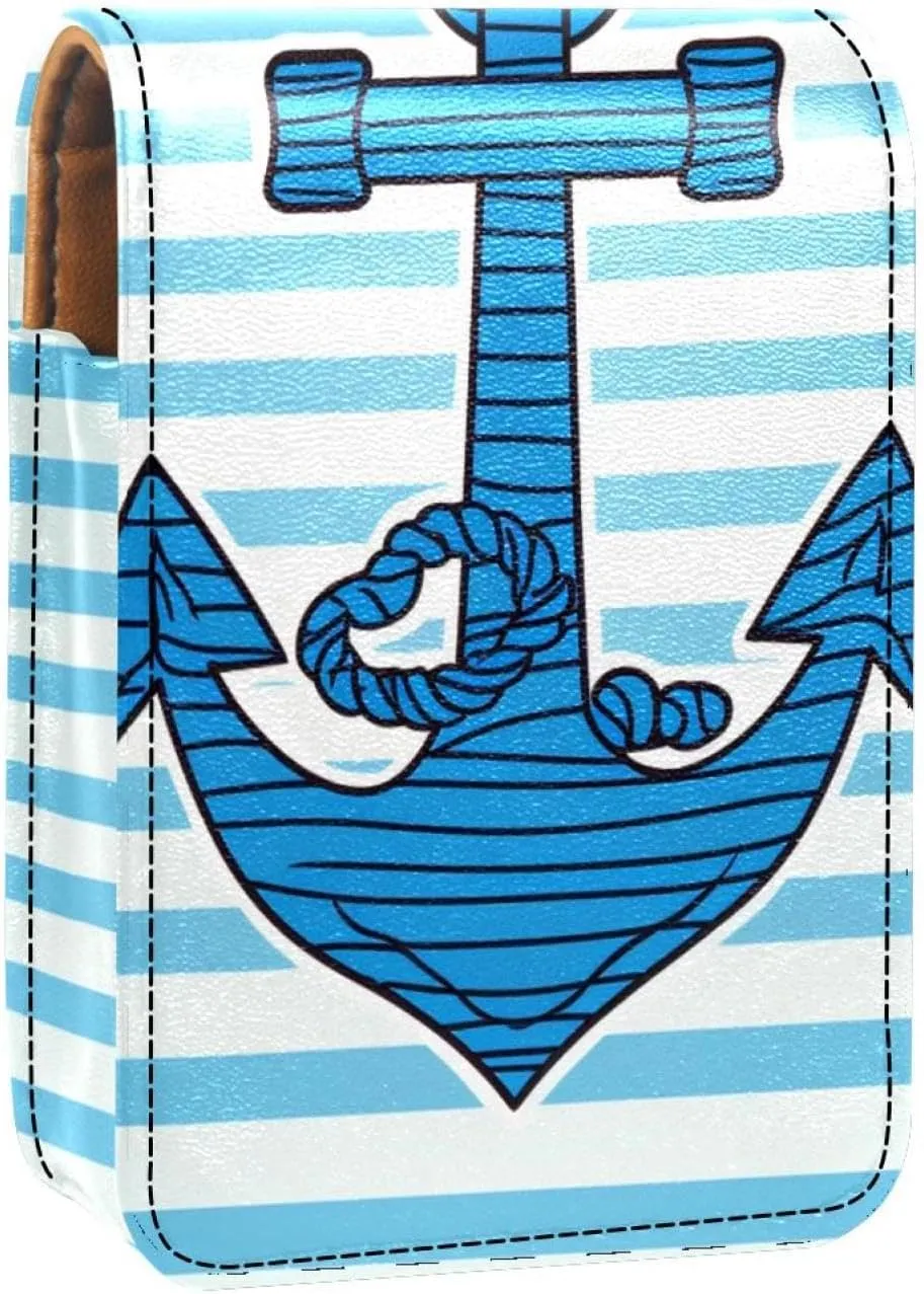 Lipstick Case,Portable Makeup Bag Cosmetic Pouch,Lipstick Holder Makeup Organizer,Anchor Striped Bright Blue Marine