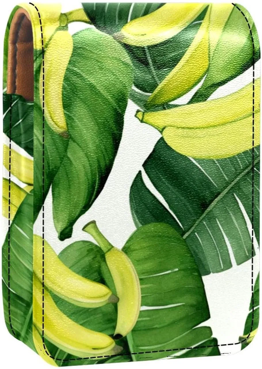 Lipstick Case,Portable Makeup Bag Cosmetic Pouch,Lipstick Holder Makeup Organizer,Bright Yellow Bananas and Green Leaves