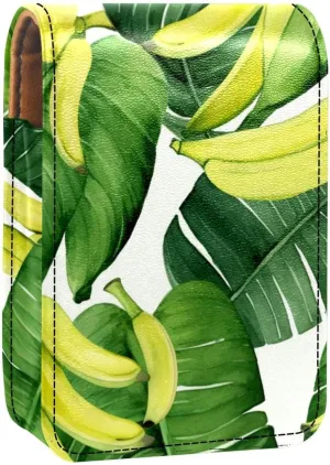 Lipstick Case,Portable Makeup Bag Cosmetic Pouch,Lipstick Holder Makeup Organizer,Bright Yellow Bananas and Green Leaves