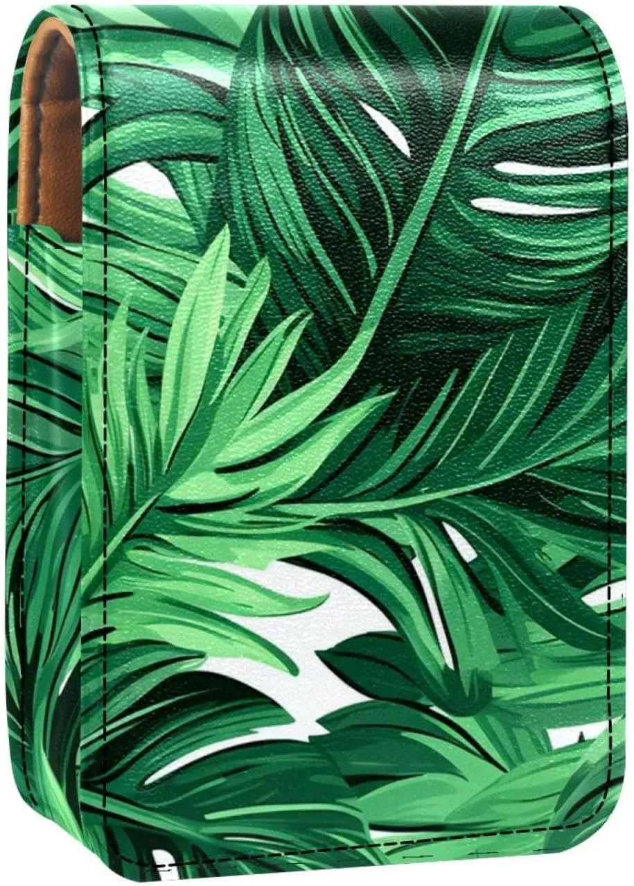 Lipstick Case,Portable Makeup Bag Cosmetic Pouch,Lipstick Holder Makeup Organizer,Tropical Palm Leaves Green Bright
