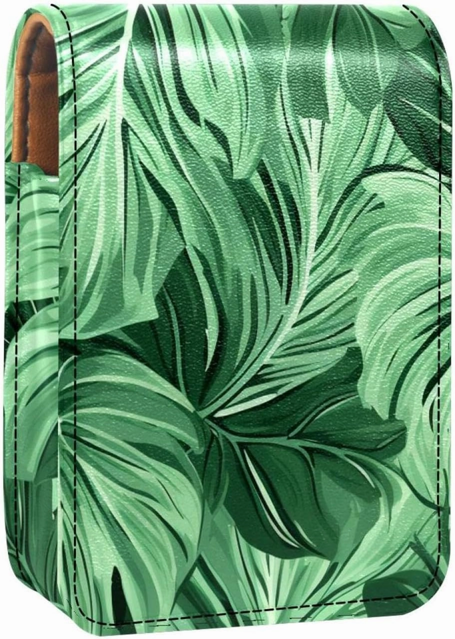 Lipstick Case,Leather Lip Gloss Lipstick Organizer with Mirror,Mini Lipstick Holder Bag,Tropical Palm Leaves Green Bright