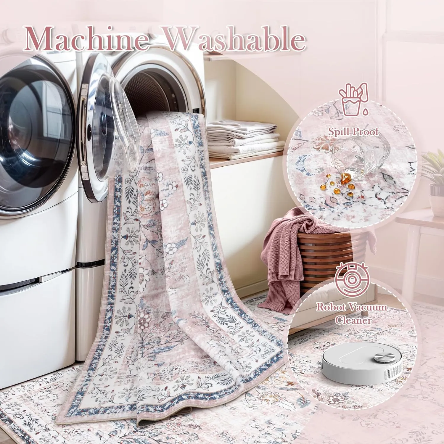 LIVEBOX Machine Washable 5x7 Rug, Pink Rugs for Bedroom Girls, Soft Boho Floral Nursery Rug, Non-Slip Indoor Ultra-Thin Floor Carpet Area Rug for Kid Room Living Room Dorm, Blush/Pink