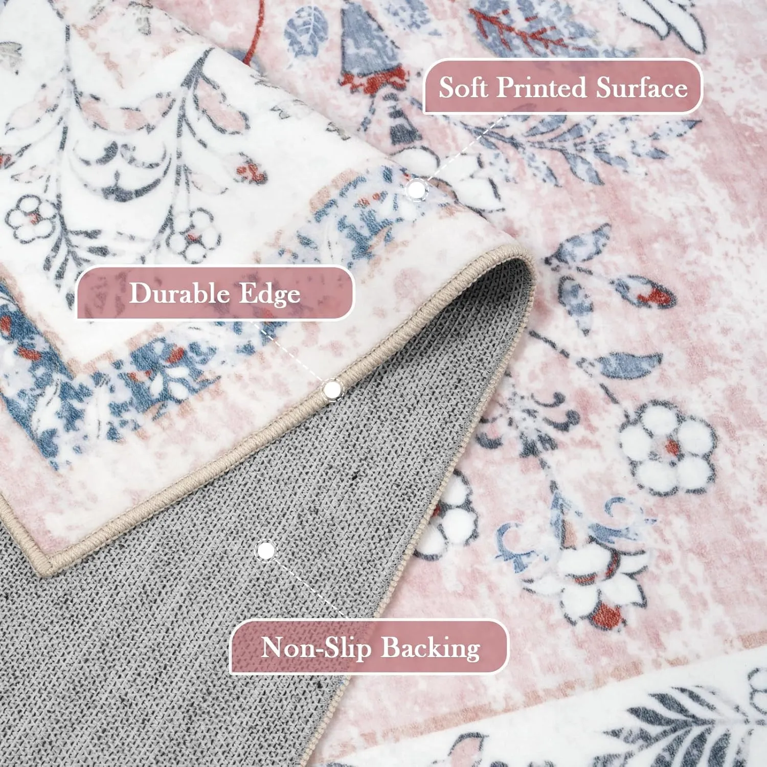 LIVEBOX Machine Washable 5x7 Rug, Pink Rugs for Bedroom Girls, Soft Boho Floral Nursery Rug, Non-Slip Indoor Ultra-Thin Floor Carpet Area Rug for Kid Room Living Room Dorm, Blush/Pink
