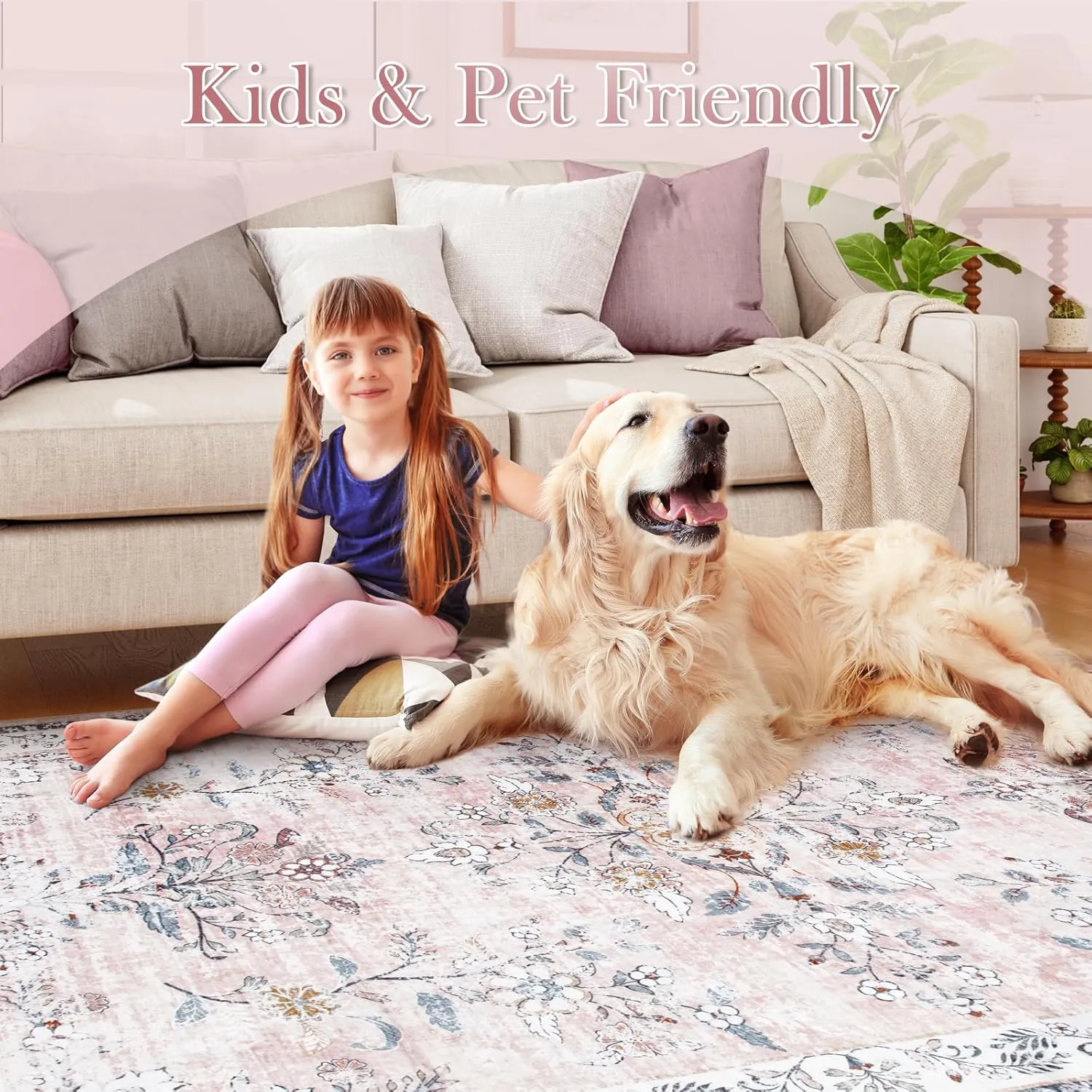 LIVEBOX Machine Washable 5x7 Rug, Pink Rugs for Bedroom Girls, Soft Boho Floral Nursery Rug, Non-Slip Indoor Ultra-Thin Floor Carpet Area Rug for Kid Room Living Room Dorm, Blush/Pink