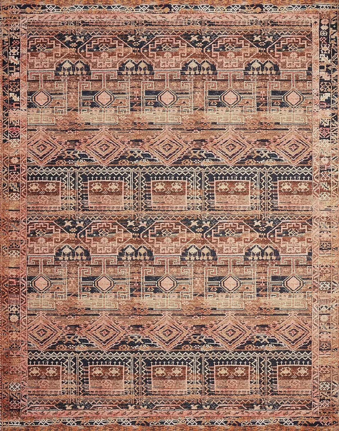 Loloi II Layla Collection, LAY-14 Mocha/Blush 7'-6" x 9'-6" .13" Thick, Area Rug, Soft, Durable, Vintage Inspired, Distressed, Low Pile, Non-Shedding, Easy Clean, Printed, Living Room Rug