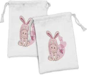 Lunarable Rabbit Fabric Pouch Set of 2, Cartoon Style Smiling Wearing a Bunny Heat with Ears Butterfly Hearts, Small Drawstring Bag for Toiletries Masks and Favors, 9" x 6", Dried Rose Blush