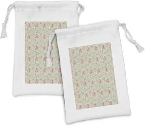 Lunarable Shabby Flora Fabric Pouch Set of 2, Flowers of Spring Flourishing Nature Branches Vintage Inspirations, Small Drawstring Bag for Toiletries Masks and Favors, 9" x 6", Blush Rose Seafoam