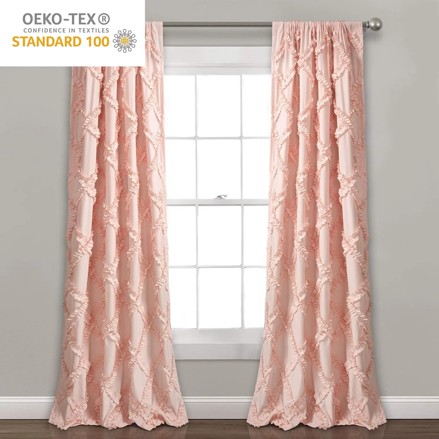 Lush Decor, Blush Ruffle Diamond Curtains Textured Window Panel Set for Living, Dining Room, Bedroom (Pair), 84” x 54