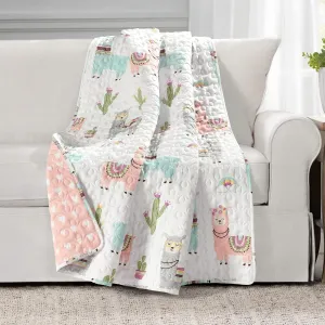 Lush Decor Southwest Llama Cactus Throw Blanket, 50" W x 60" L, White & Blush - Toddler Blanket - Cute Reversible Boho Quilted Throw for Kids Room