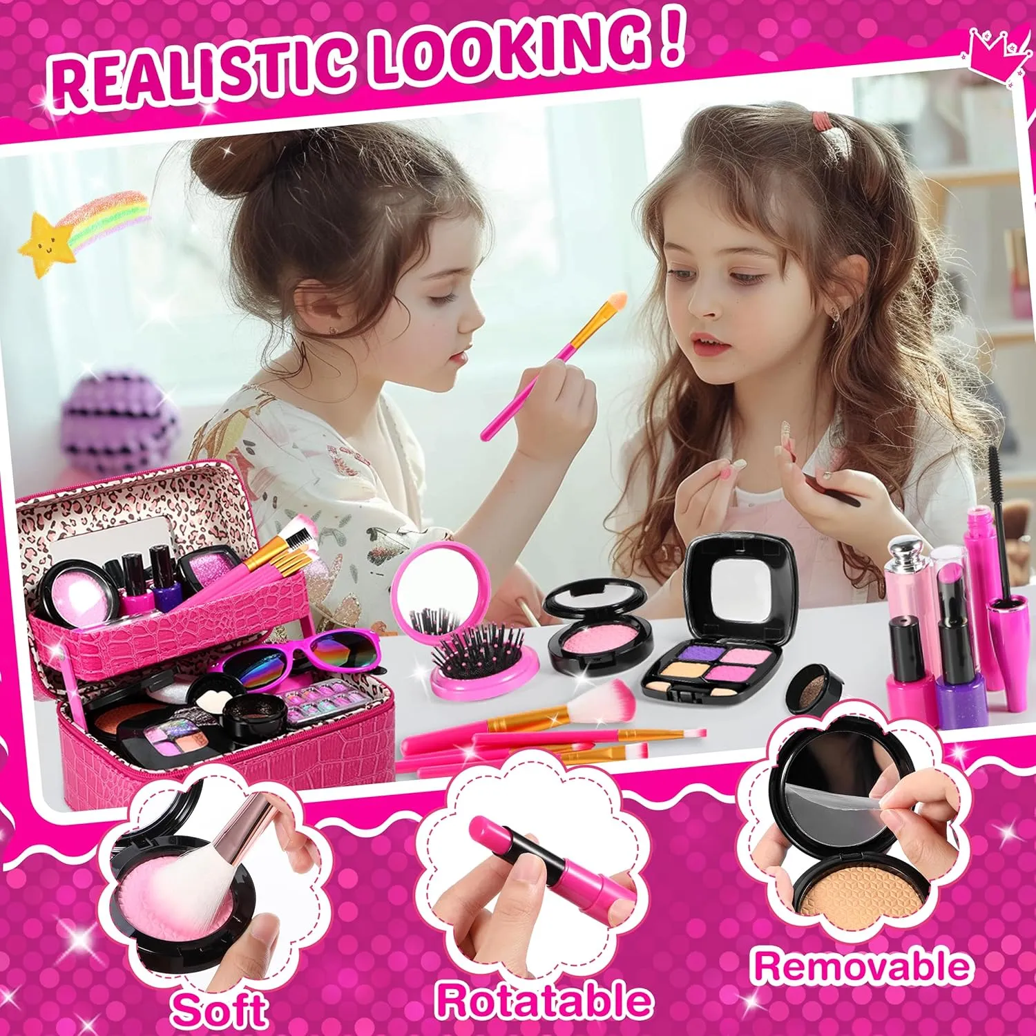Luucio Pretend Makeup for Toddlers, Fake Makeup Set for Girls - with Double-Layer Bag for Birthday Christmas, Toy Makeup Set for Toddler, Little Girls Age 3 (Not Real Makeup)